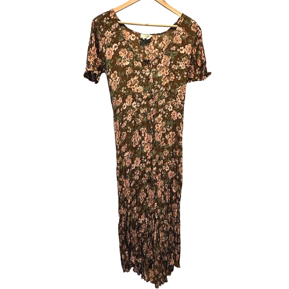 Vintage G.S. Towson & Co Floral Cottage Maxi Dress Women OS Crinkle Button Front